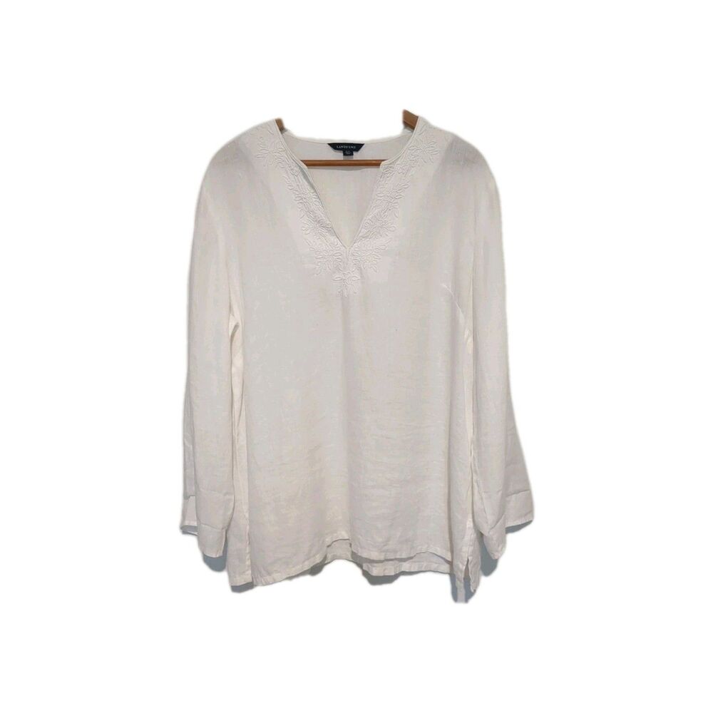 Exc Lands End White Linen Tonal Beaded Tunic Blouse L 14 Summer